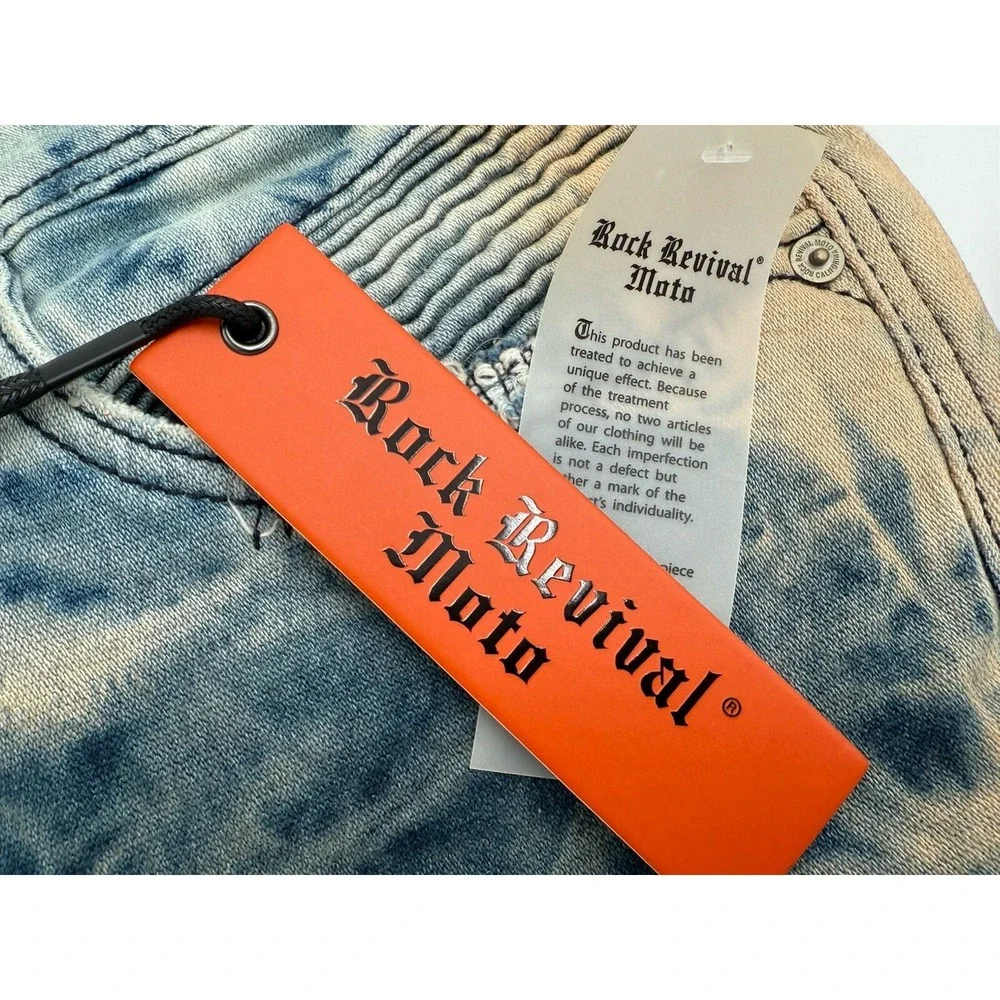 ROCK REVIVAL Daviday Moto Blue Acid Wash Distressed Jeans 34 x 32 Brand New